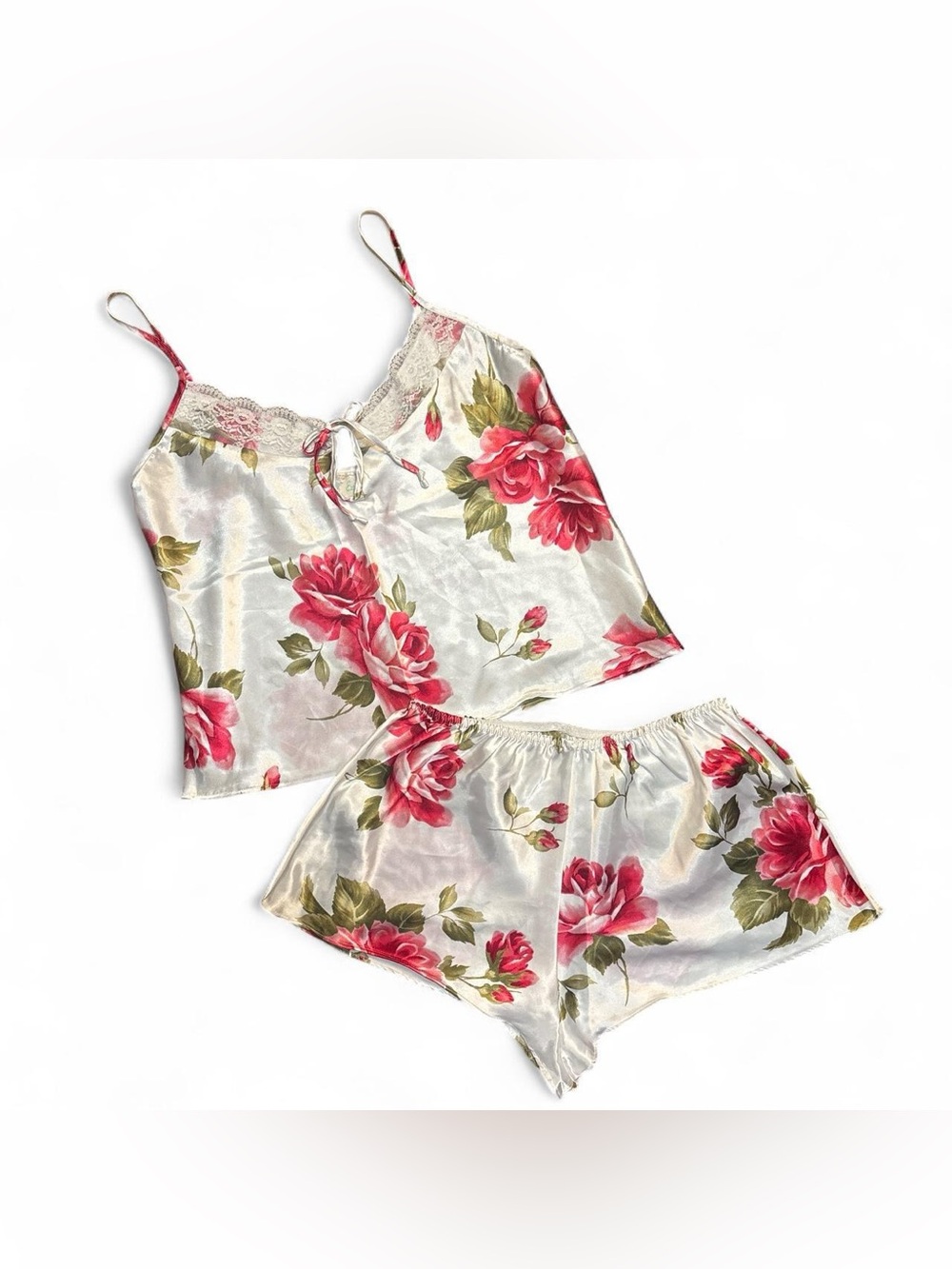 Vintage White Rose Patterned Satin Pajama Set by Expressions/California Dynasty